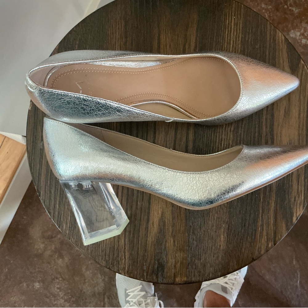 Marc Fisher Silver Metallic Heels with Architectural Block Heel